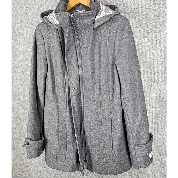 CALVIN KLEIN WOMENS GRAY WOOL BLEND PEACOAT SIZE 12 DETACHABLE HOOD - Picture 3 of 12